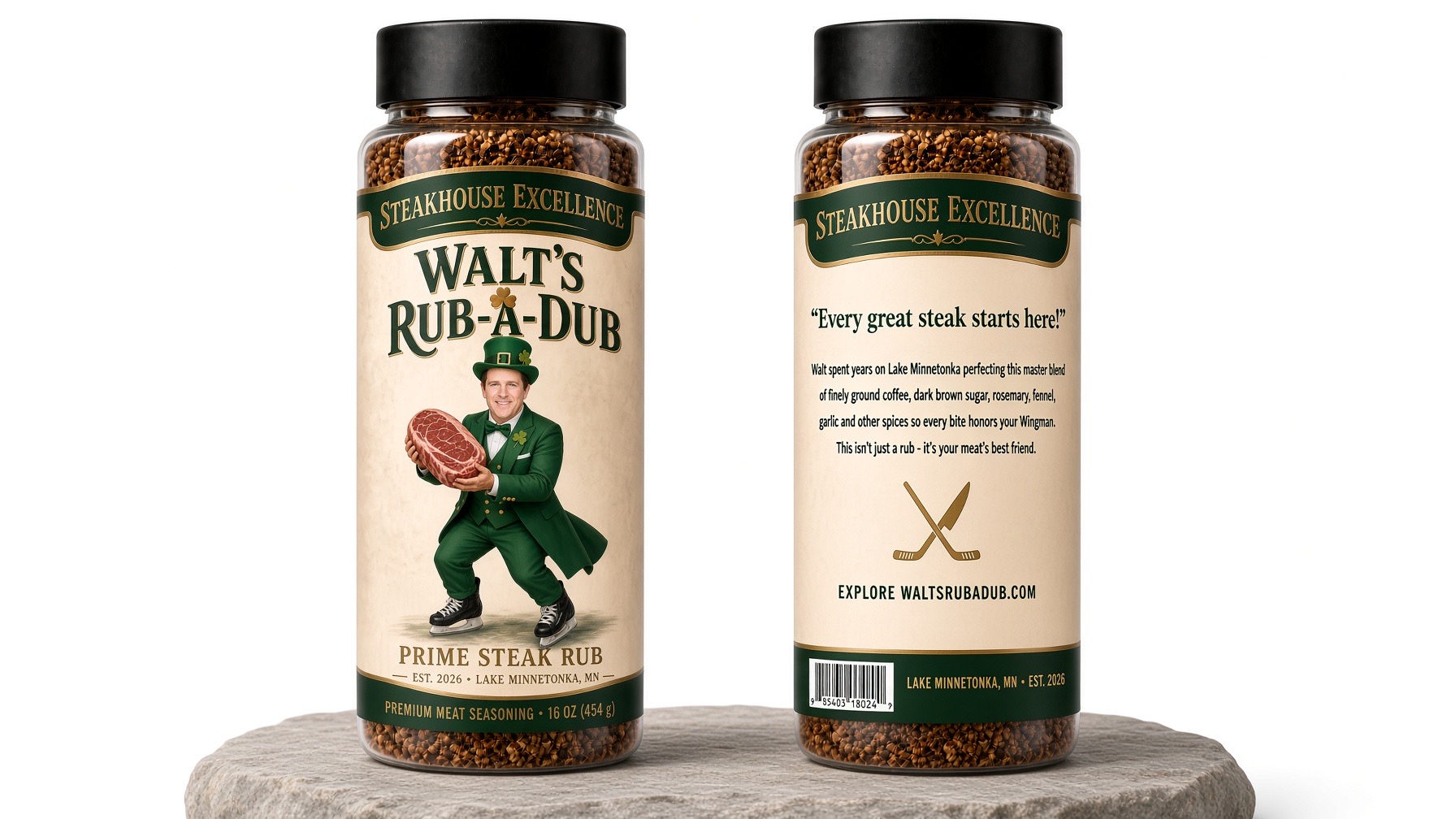 Two jars of Walt's Rub-A-Dub Prime Steak Rub on a stone